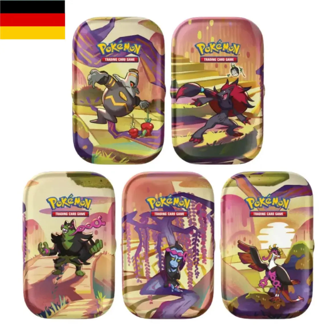 Pokémon Nebel der Sagen Mini Tin Deutsch - Fünf dekorative Sammelbehälter mit Pokémon-Motiven, perfekt für Sammlerkarten.