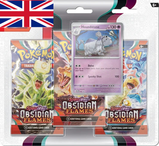 Pokémon Karten und Zubehör von Scarlet & Violet Obsidian Flames 3-Pack Blister mit Houndstone in der Auslage von Cards for All.