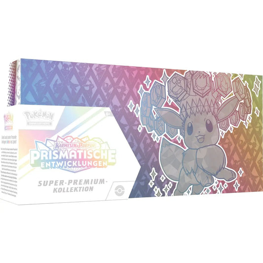 Bunte Prismatische Entwicklungen Super Premium Kollektion (deutsch) Produktboxen mit Pokémon-Grafikelementen und Textüberlagerungen.