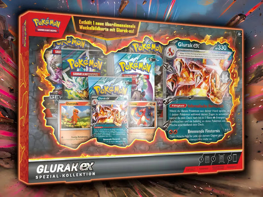 Glühendes Glurak ex Sonderkollektion mit Pokémon-Karten und Zubehör, vor buntem Hintergrund präsentiert
