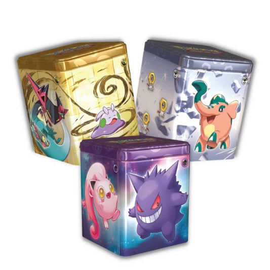 Bunte Pokemon-Metallboxen mit verschiedenen Pokemon-Motiven wie Pikachu, Gengar und Evoli. Die Boxen eignen sich perfekt zum Aufbewahren und Sammeln von Pokemon-Karten.